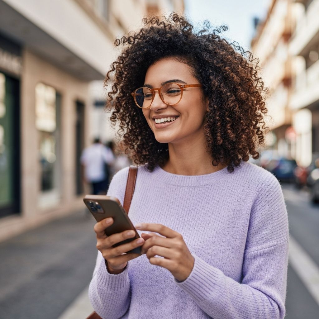 Mulher sorrindo ao usar o celular para solicitar emprestimo